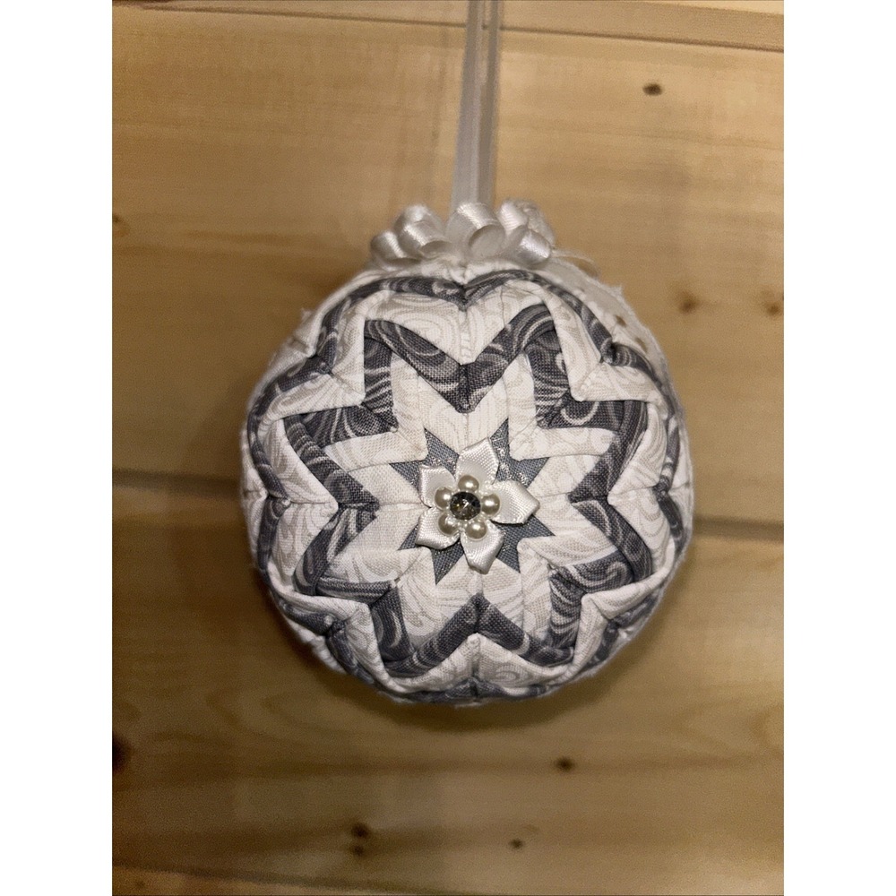 Christmas Tree Ornament 3" Hand Crafted Quilted Folded Star Ball White Gray